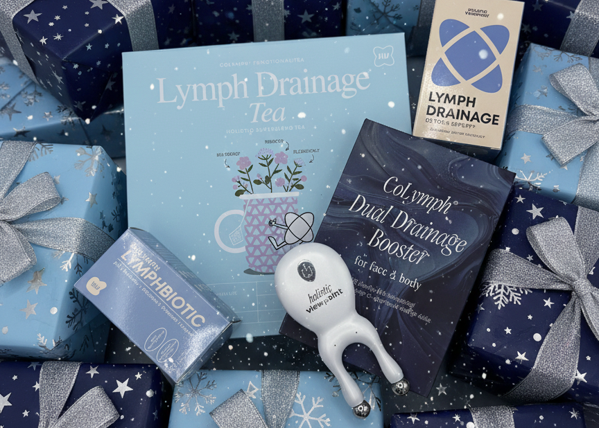 Collection of lymph drainage products and tea boxes with decorative bows on a blue background.