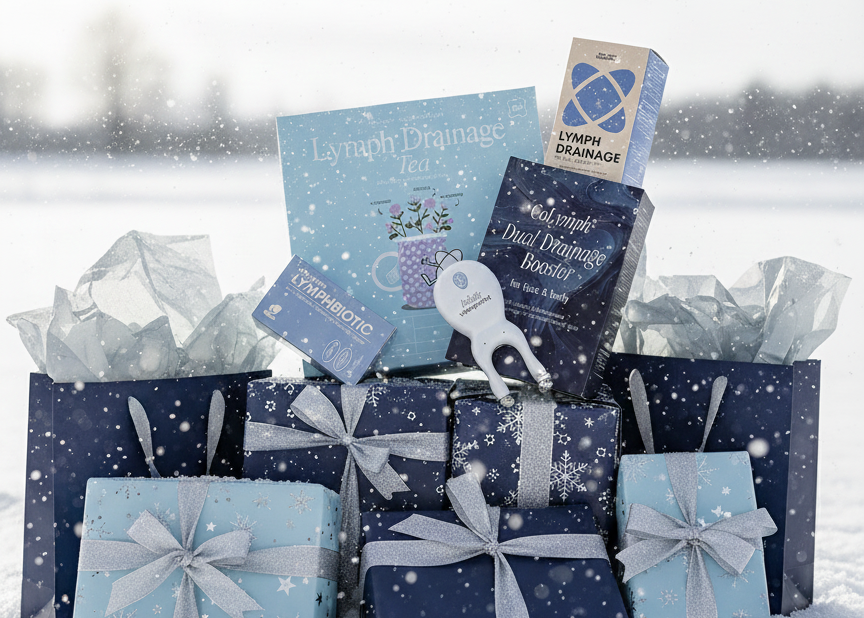 Stack of wrapped gifts with visible brand names in a snowy setting