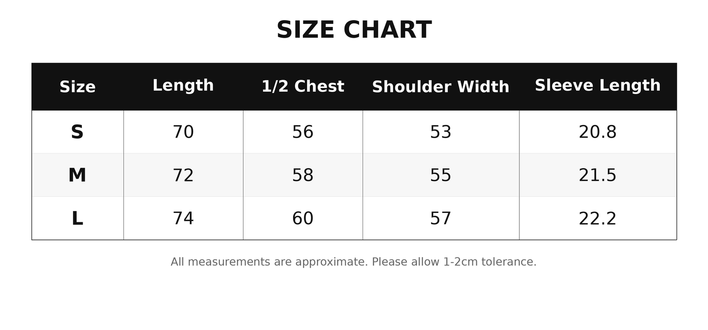 Size chart for clothing with measurements in centimeters on a white background