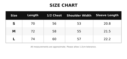 Size chart for clothing with measurements in centimeters on a white background